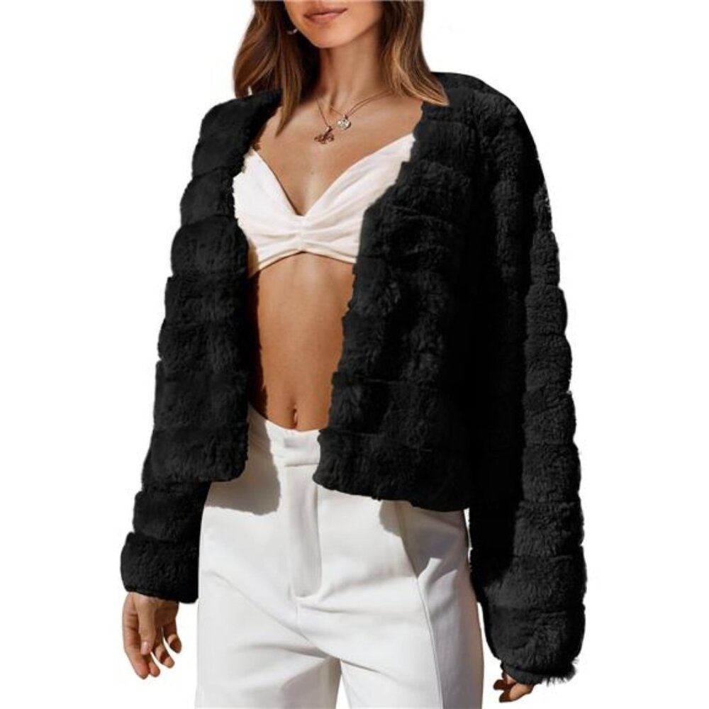 Women's Faux Fur Cropped Jacket – Long Sleeve Open Front Fluffy Short Coat